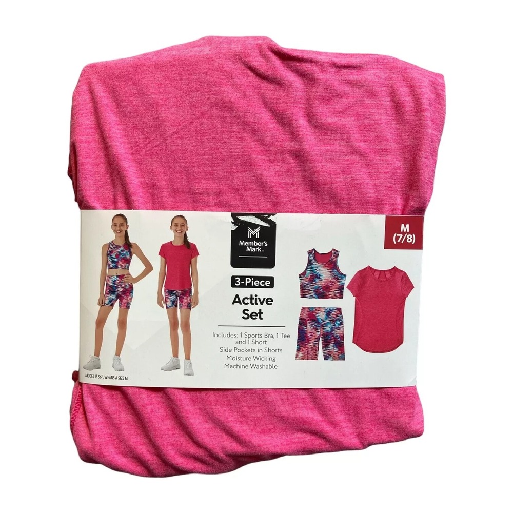 NEW Member's Mark Youth Girl's Wicking 3 Piece Active Set (Pink Print,‎ XL)